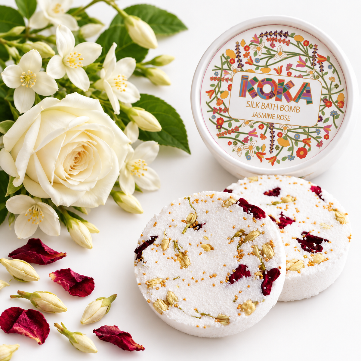 Koka Beauty Jasmine Rose silk bath bomb set with two floral discs, illustrated jar, white rose and jasmine