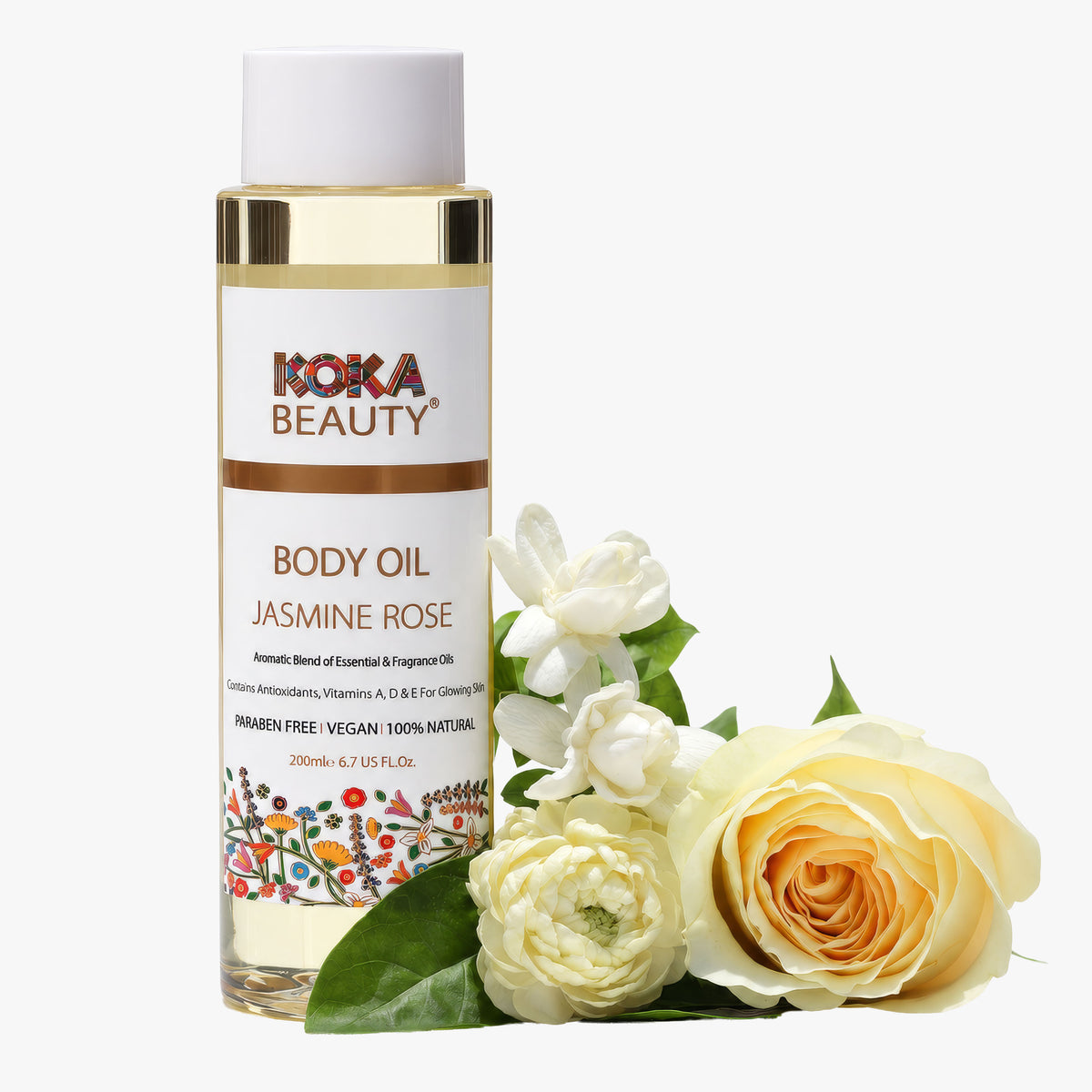 Front view of Jasmine Rose Body Oil bottle and label