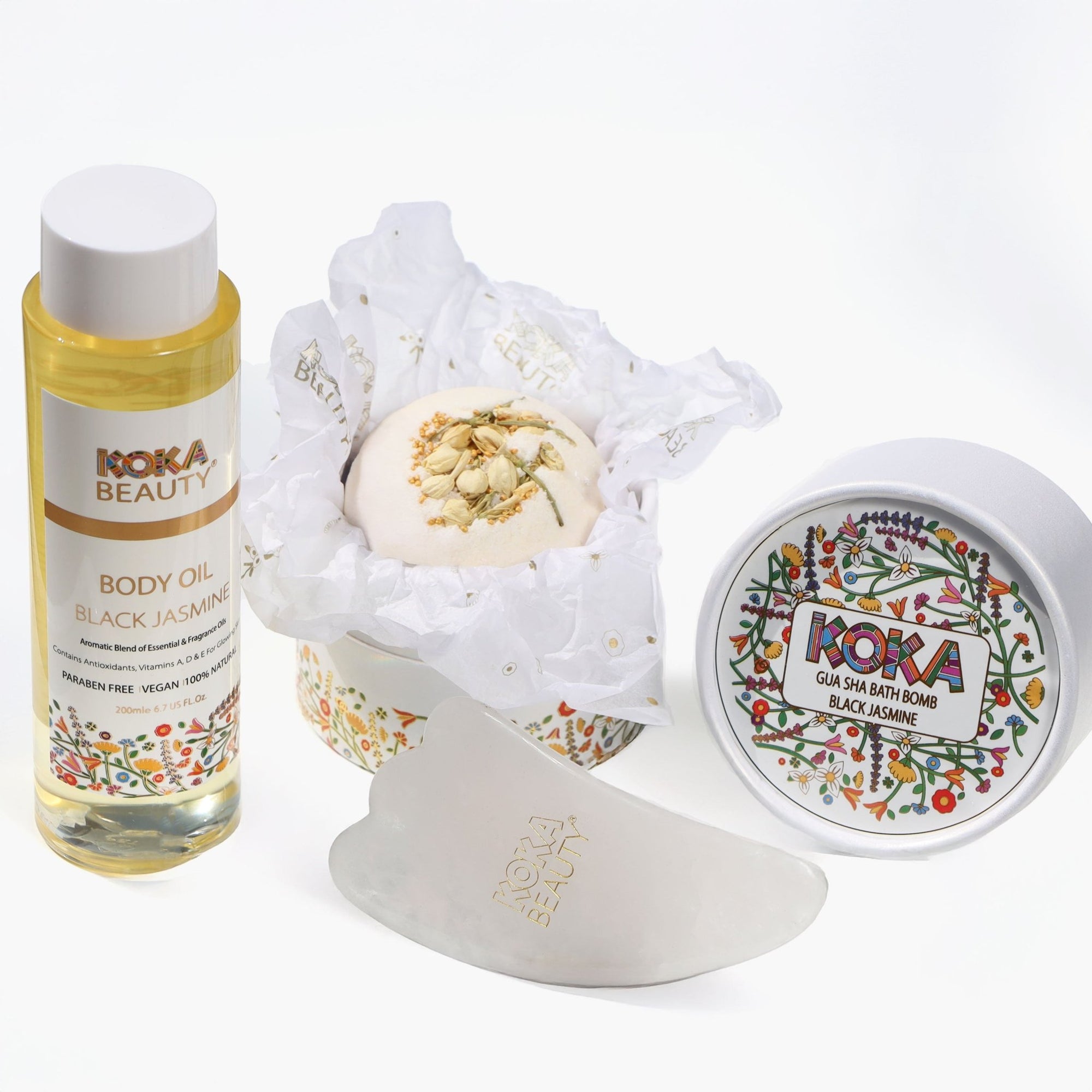 Black Jasmine Silk Bath Bomb, Gua Sha & Body Oil Set - Koka Beauty