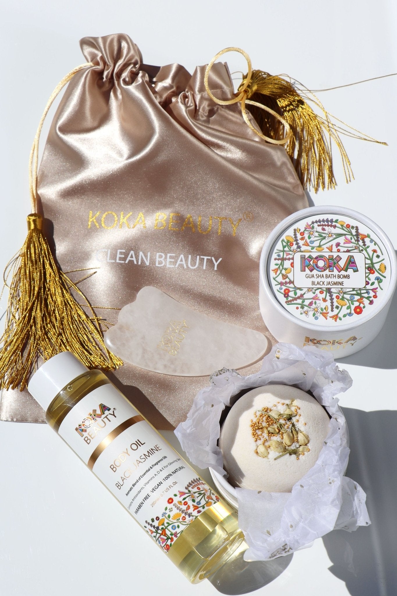 Black Jasmine Silk Bath Bomb, Gua Sha & Body Oil Set - Koka Beauty