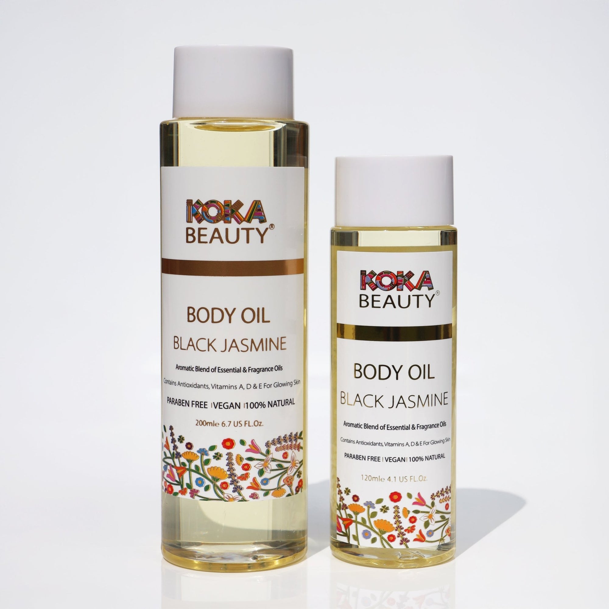 Black Jasmine Body Oil Made With Patchouli, Jasmine &amp; Rose Essential Oils- Koka Beauty 200ml and 120ml together