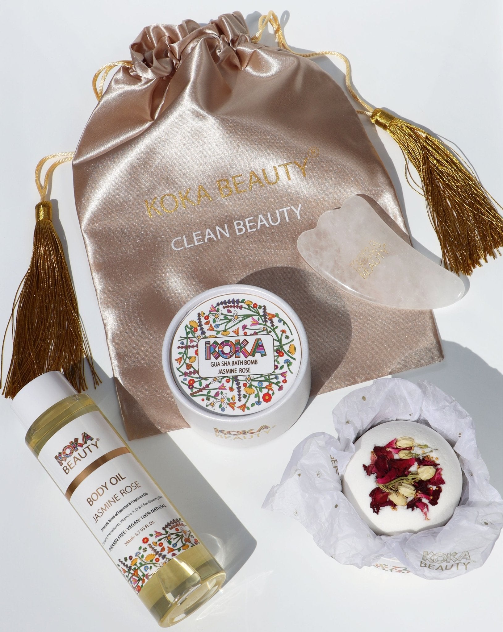 Jasmine Rose Silk Bath Bomb, Gua Sha and Body Oil Set - Koka Beauty