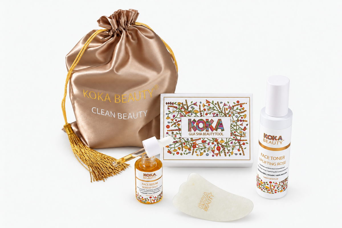 Rose toner, Rosehip Gold Face Serum and white jade gua sha with Koka Beauty presentation packaging