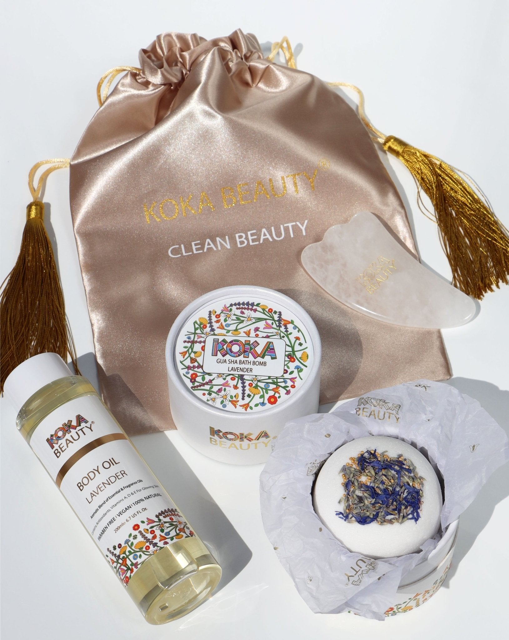 Lavender Silk Bath Bomb, Gua Sha and Body Oil Set - Koka Beauty