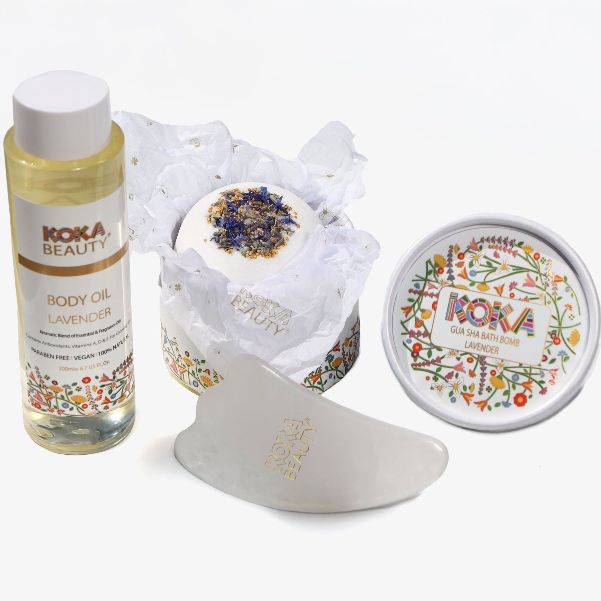 Lavender Silk Bath Bomb, Gua Sha and Body Oil Set - Koka Beauty