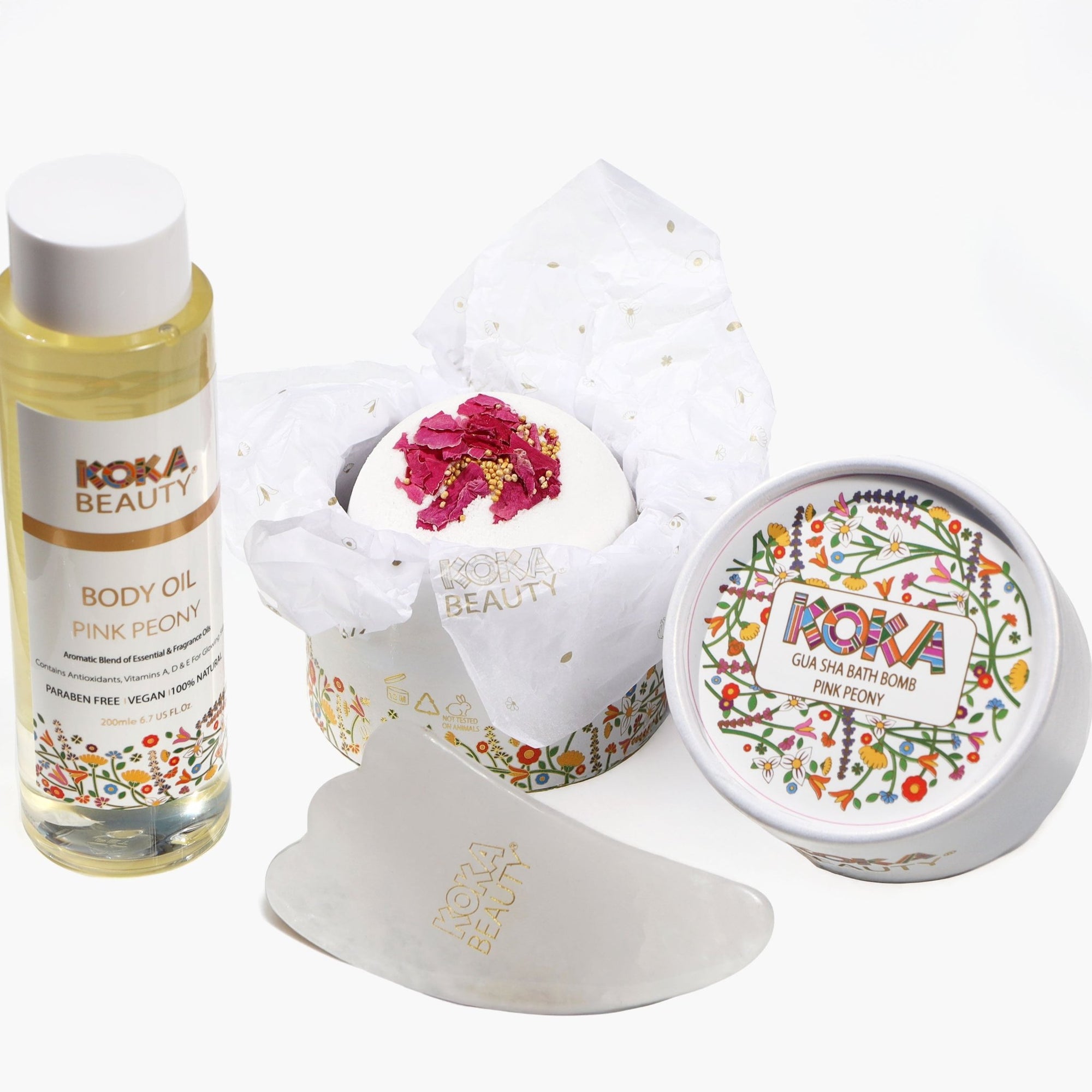Pink Peony Silk Bath Bomb, Gua Sha and Body Oil Set - Koka Beauty