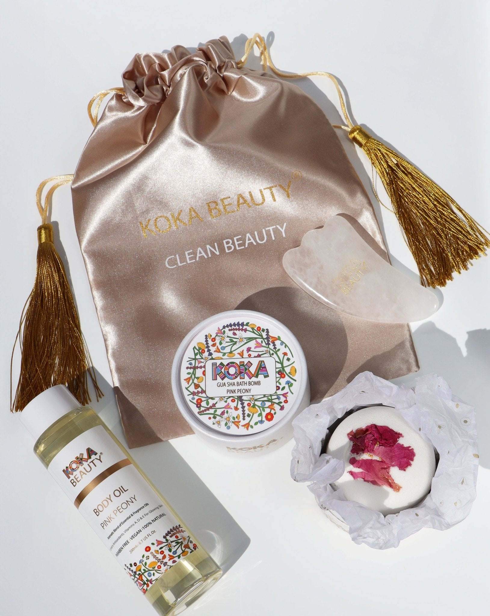Pink Peony Silk Bath Bomb, Gua Sha and Body Oil Set - Koka Beauty