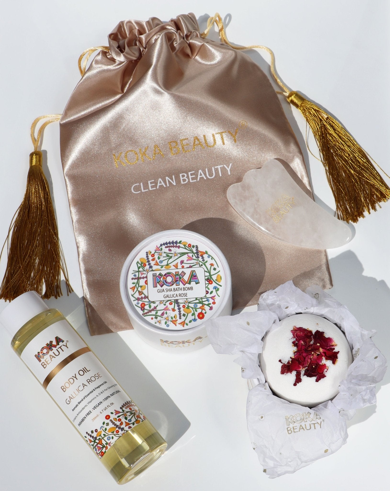 Rose Silk Bath Bomb, Gua Sha and Body Oil Set - Koka Beauty