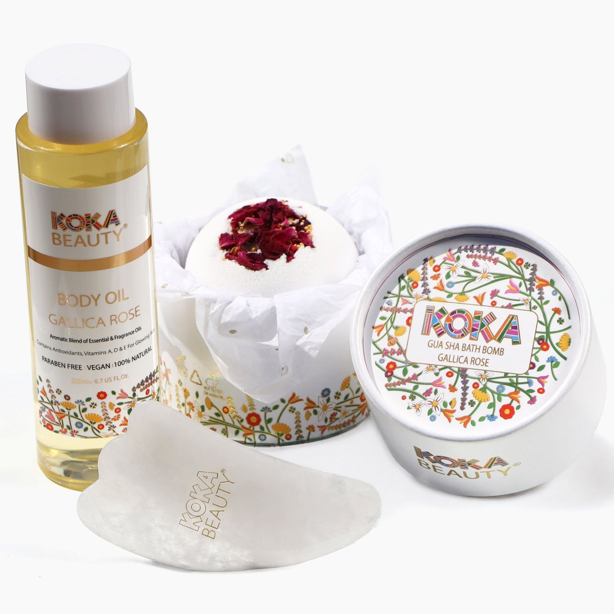 Rose Silk Bath Bomb, Gua Sha and Body Oil Set - Koka Beauty