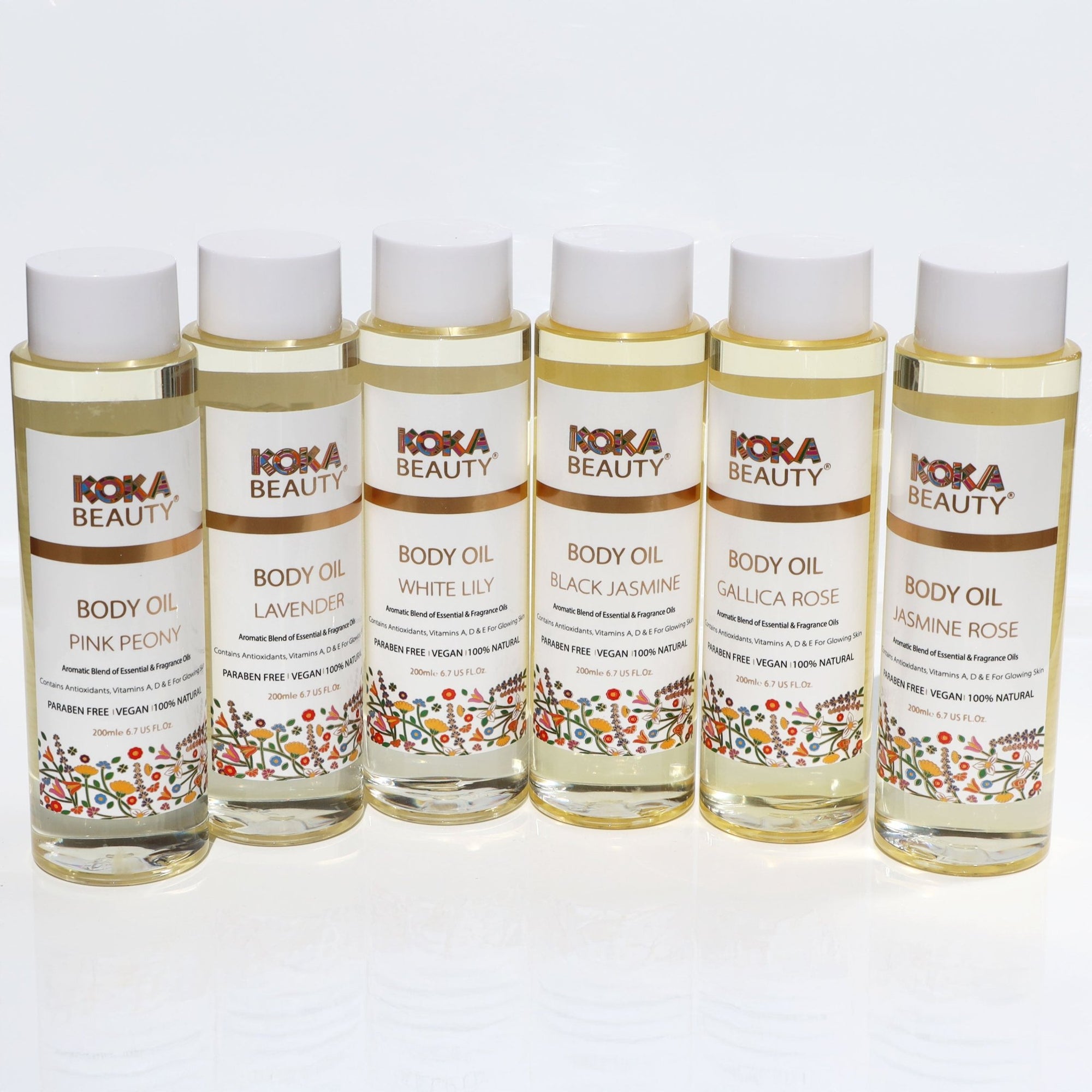 Line up of all Koka Beauty Oils