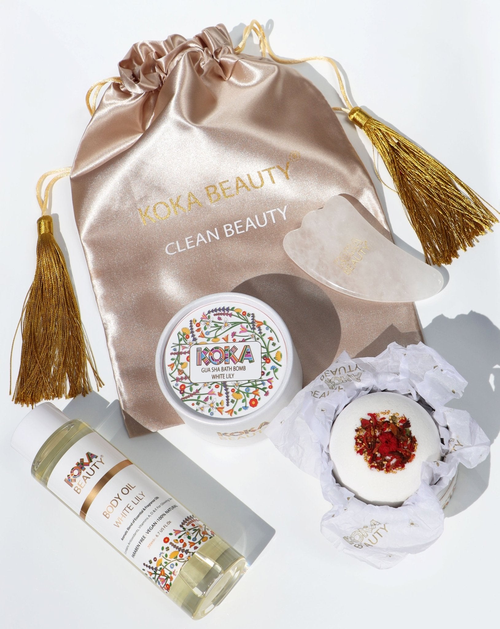 White Lily Silk Bath Bomb, Gua Sha and Body Oil Set - Koka Beauty